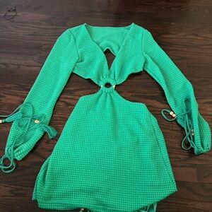 Green Textured Dress with Cut-Out Detail